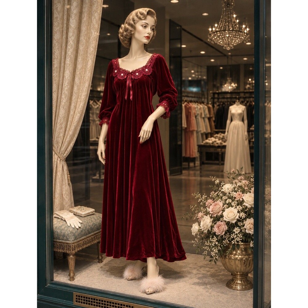 Vintage Burgundy Red Velvet Nightgown Robe Lace Rhinestone Trim Dress Wine Red